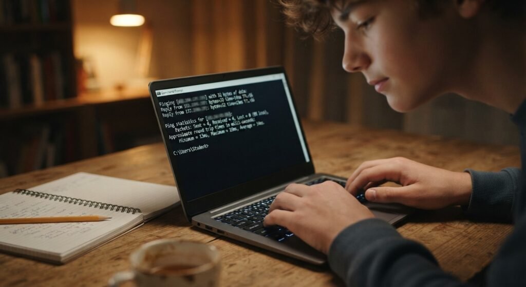 Teenagers troubleshooting a home network to reduce high ping