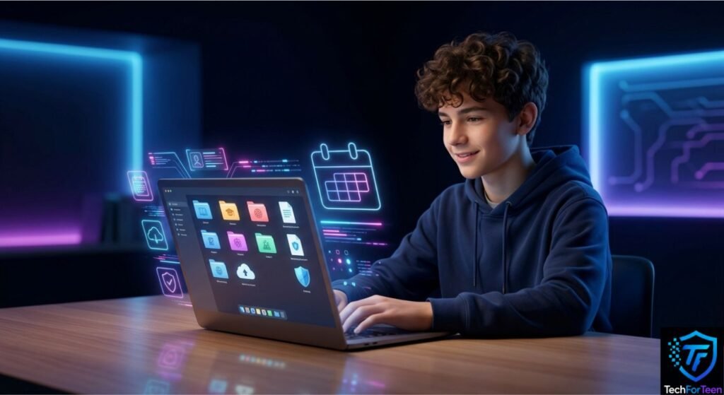 Teenage boy maintaining organized computer files regularly