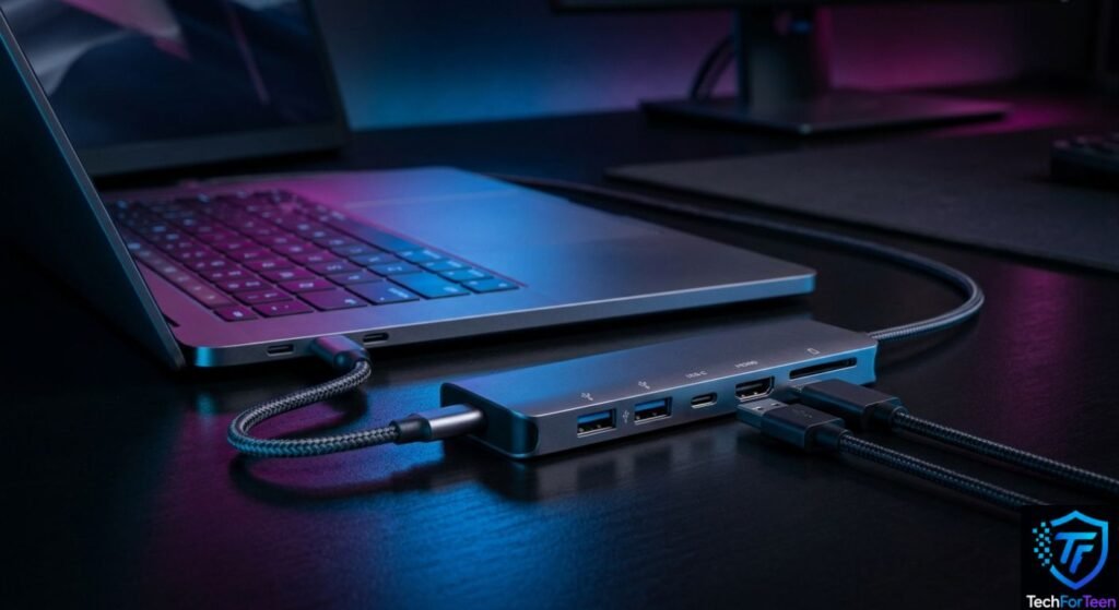 USB-C hub connected to a laptop with multiple useful ports