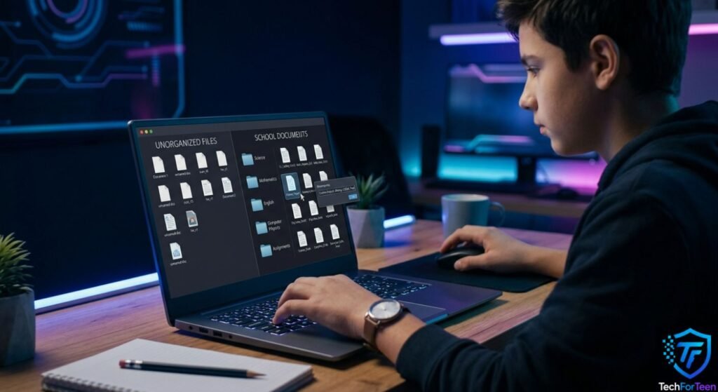 Teenage boy using clear names for school files on a laptop