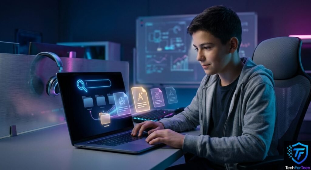 Teenage boy searching for a school file on a computer