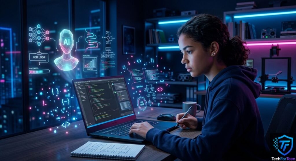 Teenager using an AI coding assistant to learn programming
