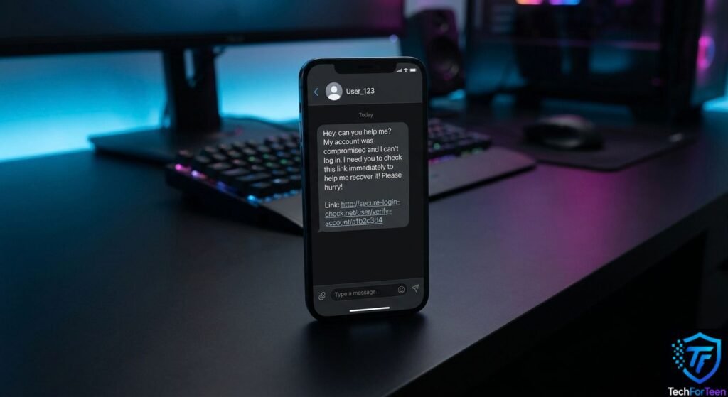 Smartphone showing a suspicious Instagram-style direct message with a potentially unsafe link