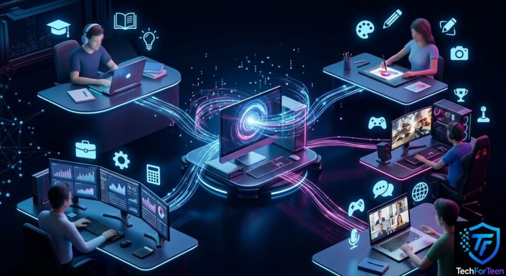 Computers being used for education, work, communication, gaming, research, creativity, and other everyday activities.