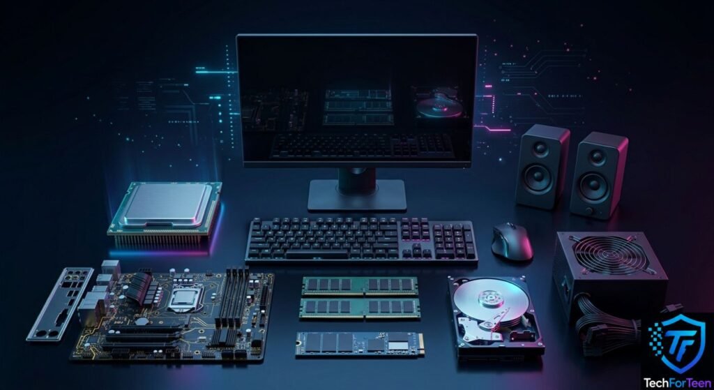 How computer hardware includes physical components such as the CPU, RAM, motherboard, storage, keyboard, mouse, and monitor.