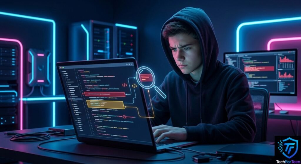 Teenager troubleshooting a coding error on a laptop