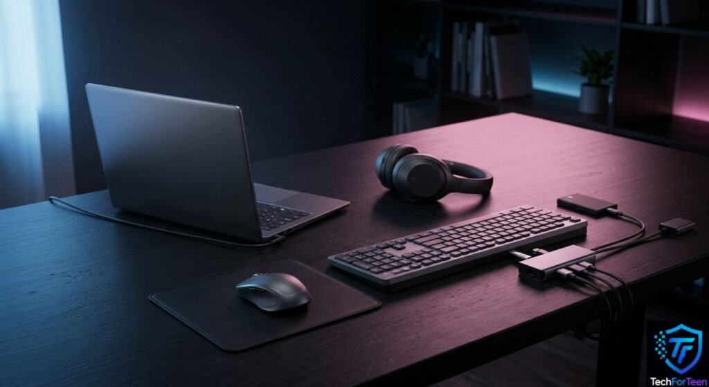 Laptop with useful accessories arranged for a productive student study setup