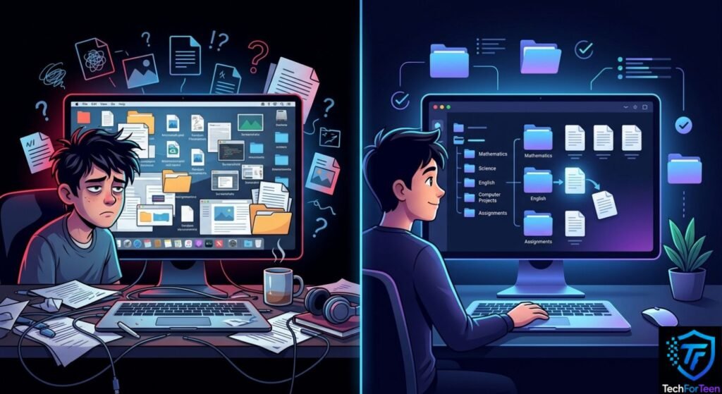 Comparison of messy and organized computer files for a student