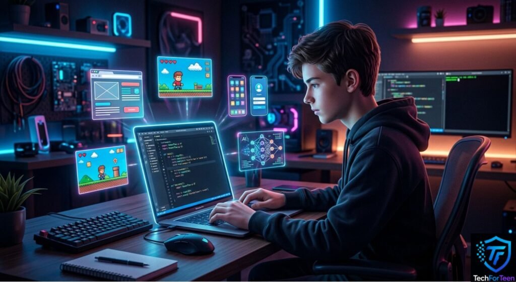 Teenager learning programming skills on a laptop