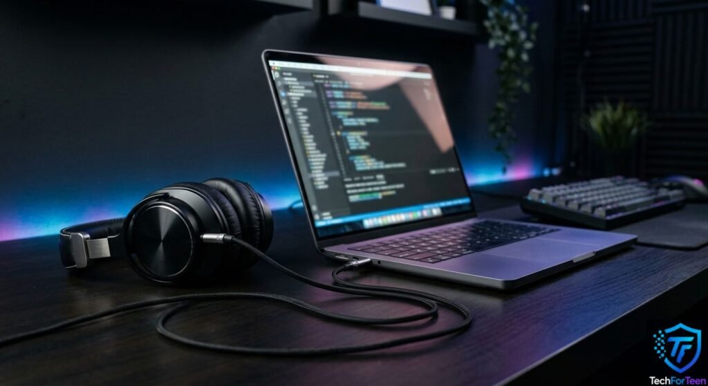 Wired headphones connected to a laptop for studying