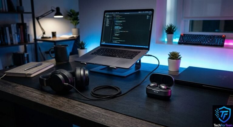Wired and wireless headphones for students on a laptop desk