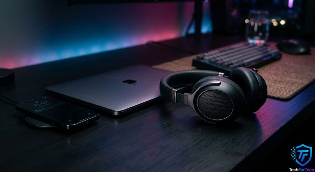 Wireless headphones beside a laptop in a cable-free setup