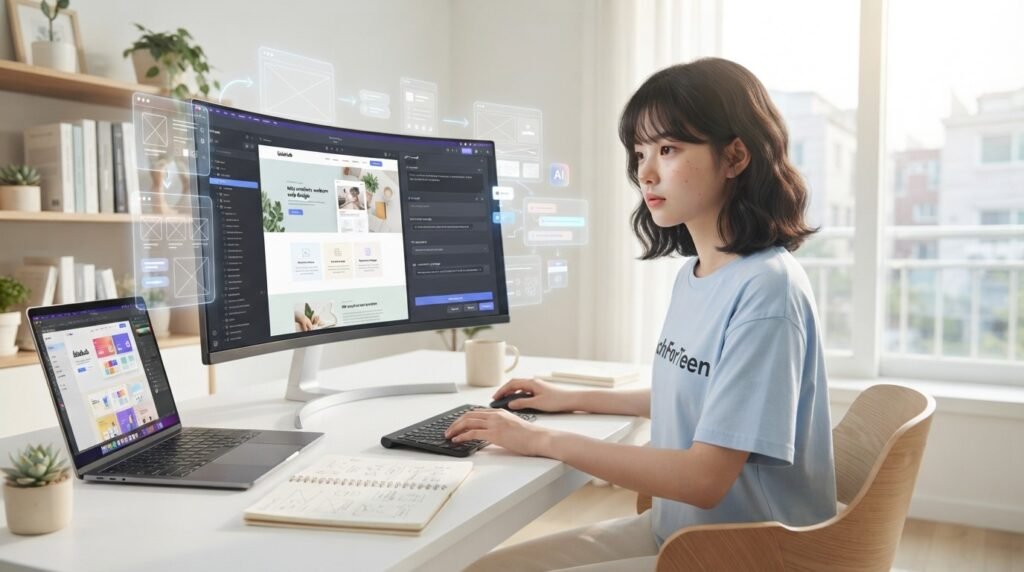 Teen student using AI tools while learning web design