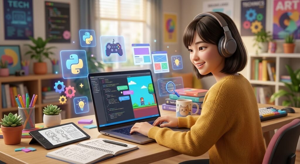 Student using AI to learn coding and build a creative project