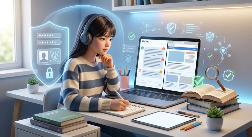Student checking AI information and protecting personal data