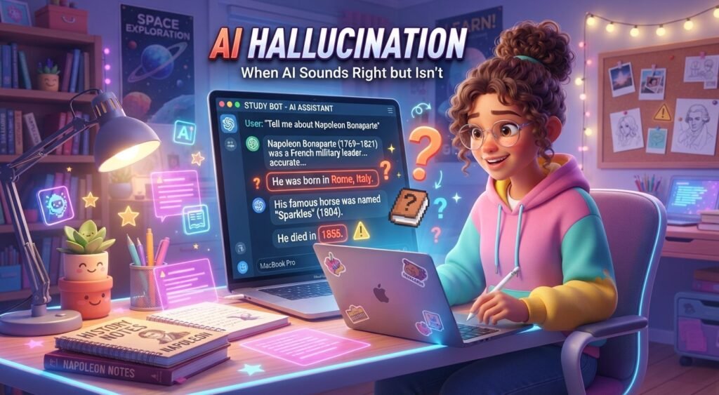 Teen student checking an AI answer for possible hallucinations