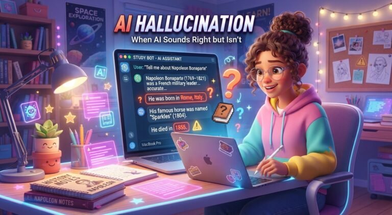 Teen student checking an AI answer for possible hallucinations