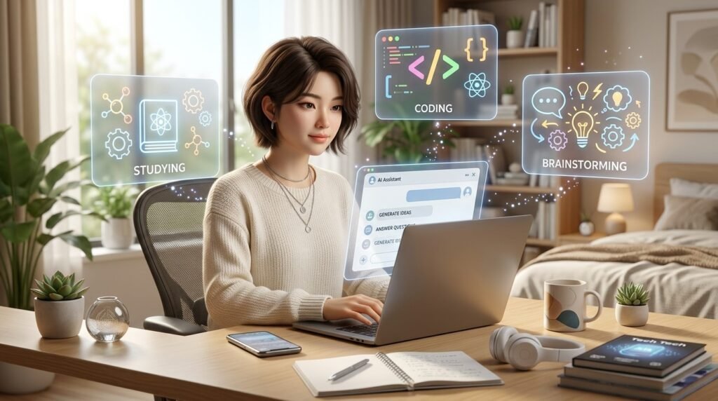 Teen using AI prompts for studying coding and brainstorming