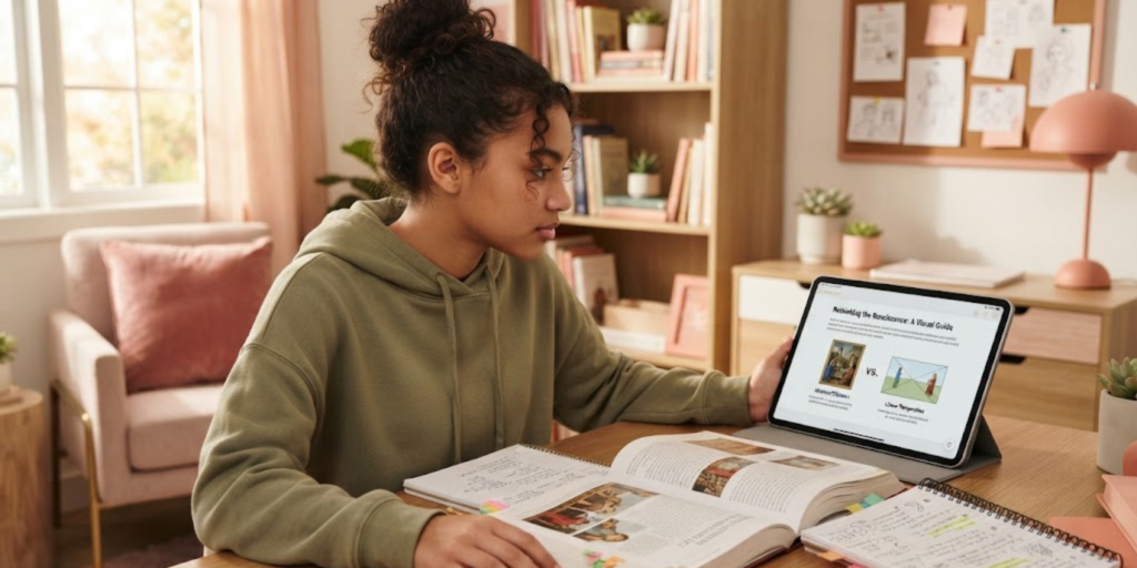 Teen student using AI as a study helper