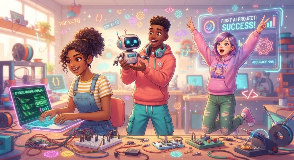 Teenagers building a creative AI project with coding and robotics
