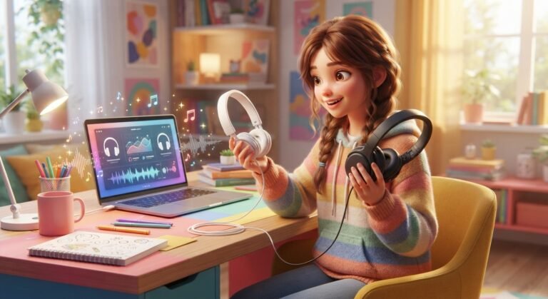 Teen comparing affordable wired and wireless headphones on a study desk
