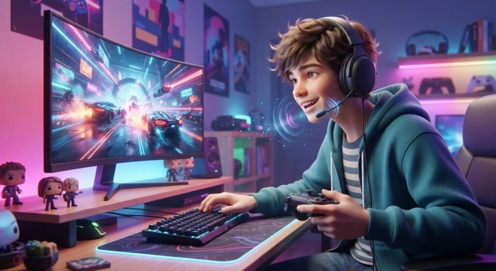 Teen gamer using an affordable headset with a built-in microphone