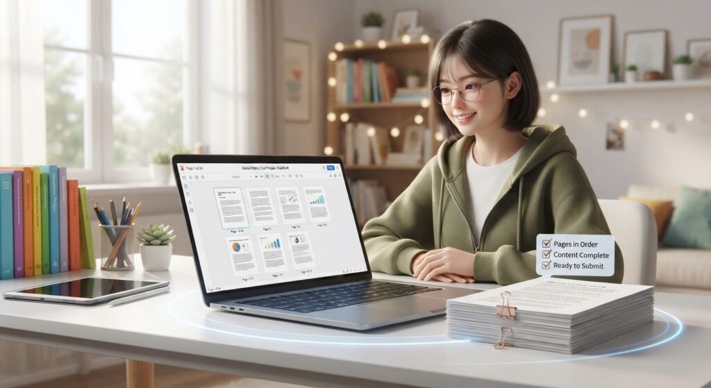 Student checking a combined PDF before submitting a school assignment