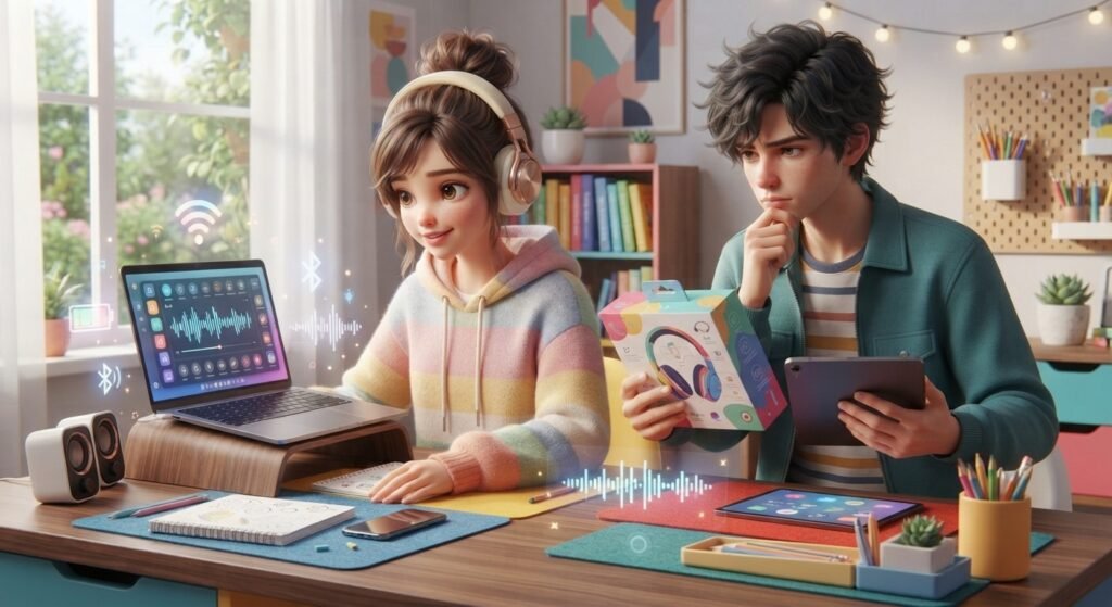 Students choosing affordable headphones for a study and technology setup
