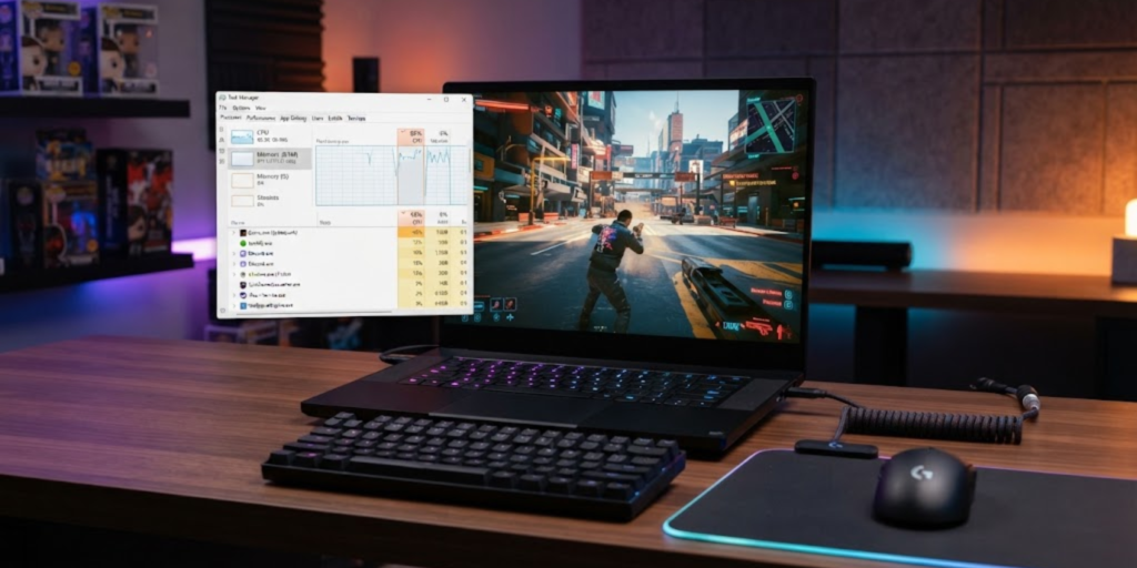 Gaming laptop with background apps closed to improve performance
