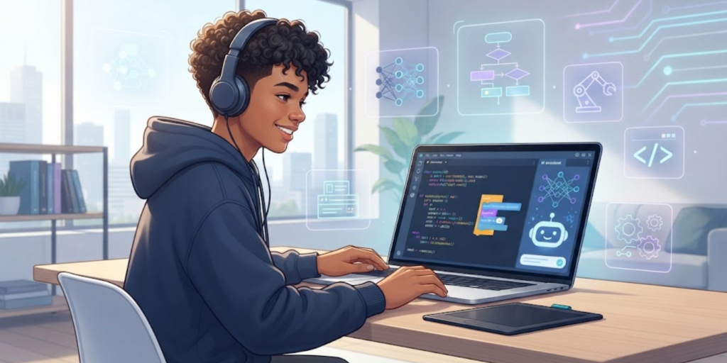Teenager learning coding and artificial intelligence on a laptop