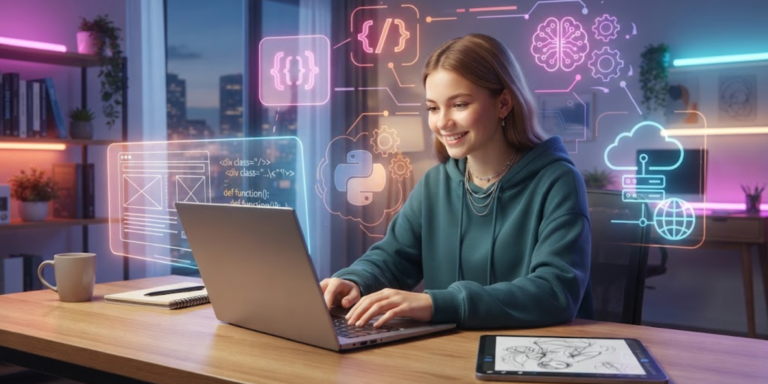 Teen girl learning coding and artificial intelligence