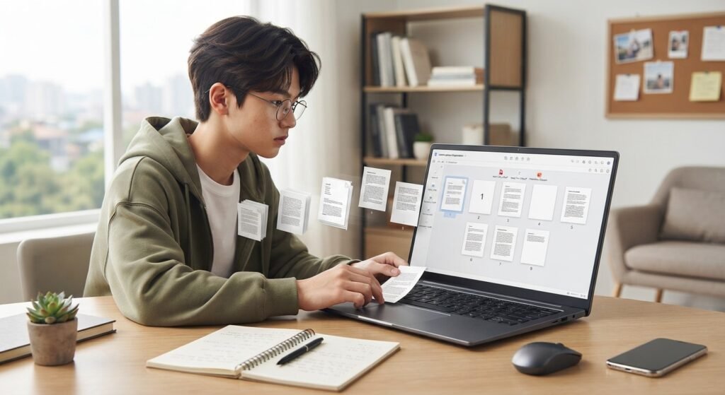 Student organizing PDF pages on a Mac laptop