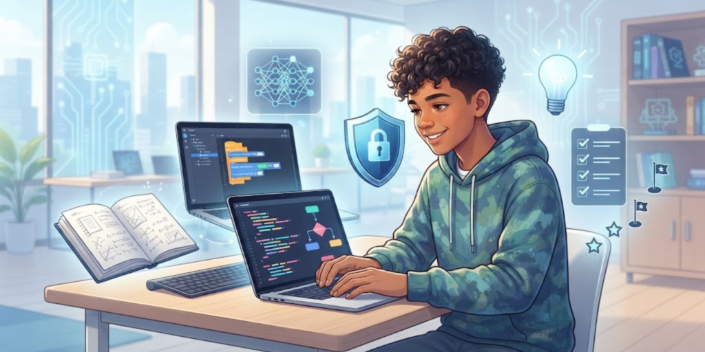 Teenager developing technology skills through learning and practice