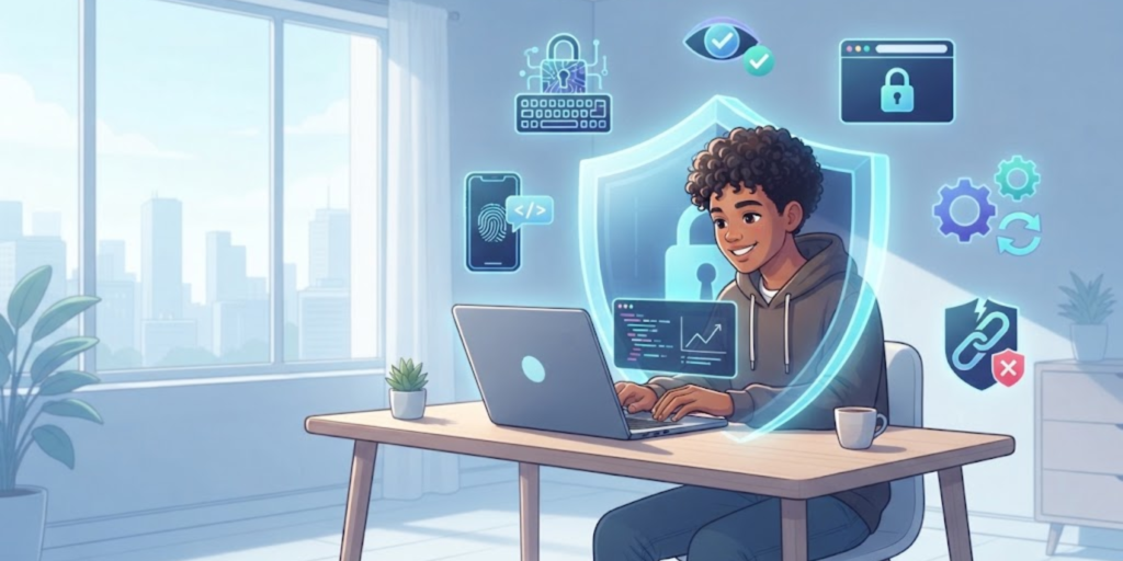 Teenager learning digital safety and online privacy