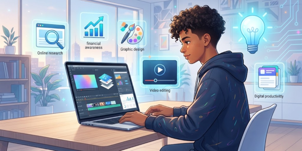 Teenager creating digital content while learning research and financial skills