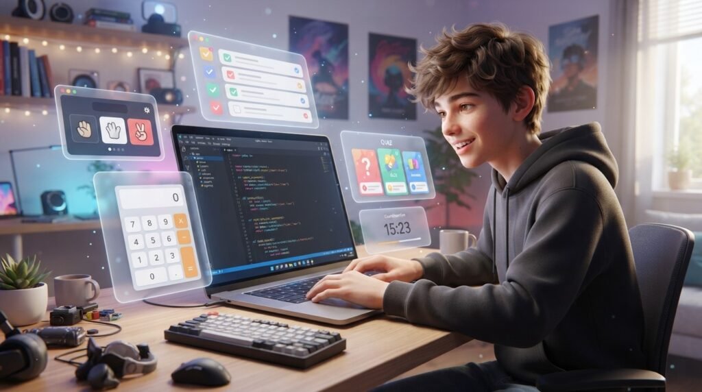 Teen student exploring different beginner Python coding projects
