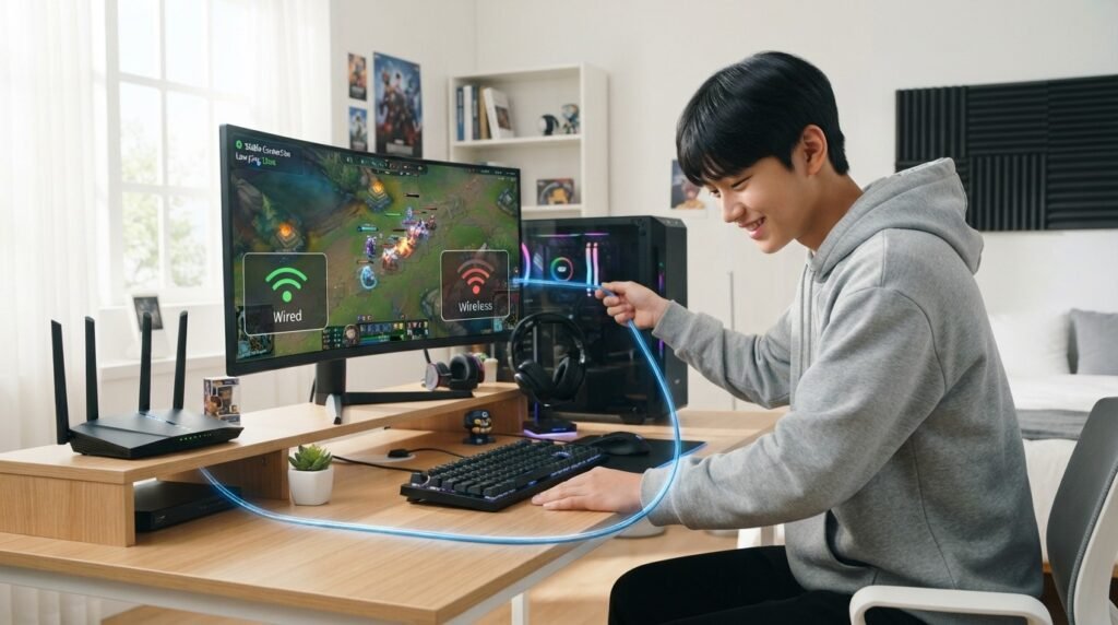 Teen gamer connecting a gaming PC to a router with an Ethernet cable