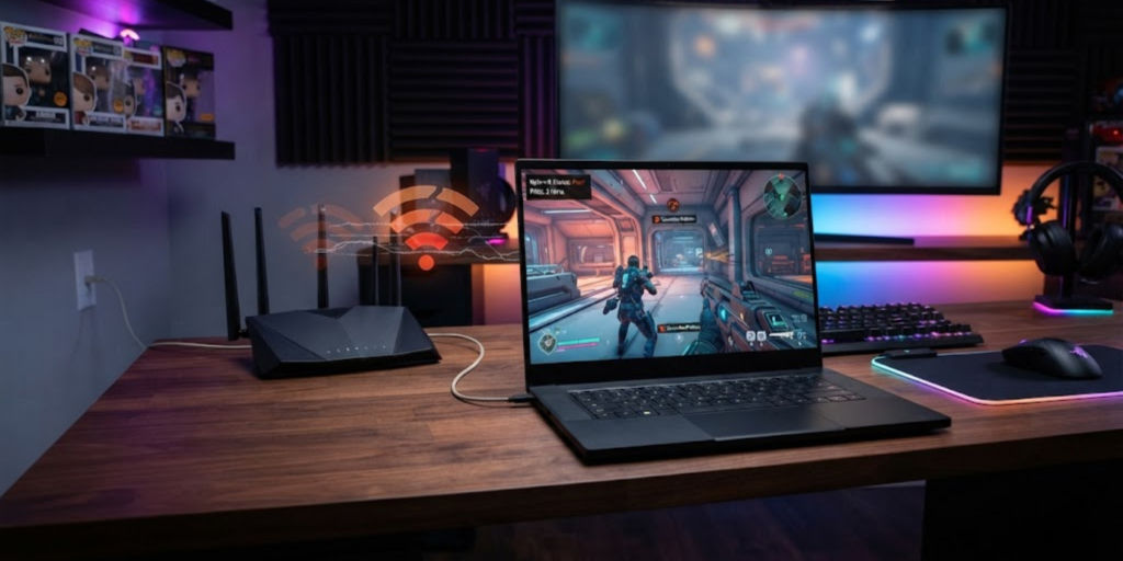 Gaming laptop connected to Wi-Fi while troubleshooting high ping