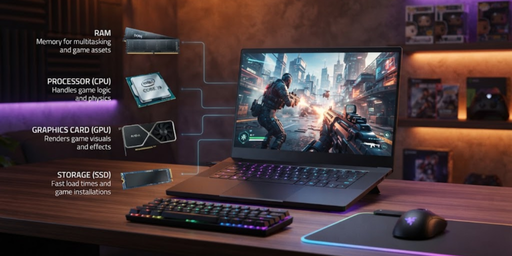 Gaming laptop hardware including RAM processor graphics and storage