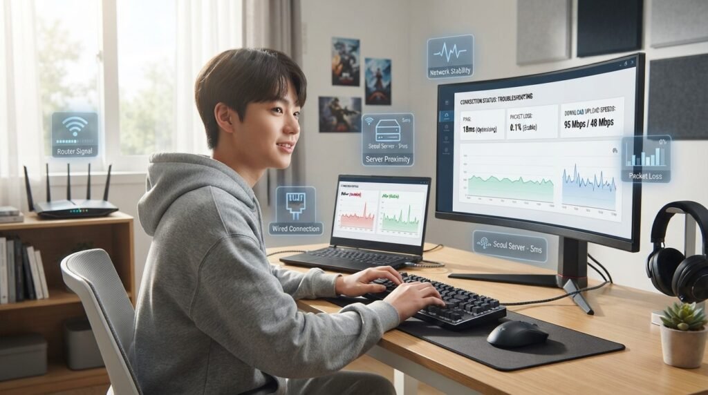 Teen troubleshooting high ping and checking gaming network connection