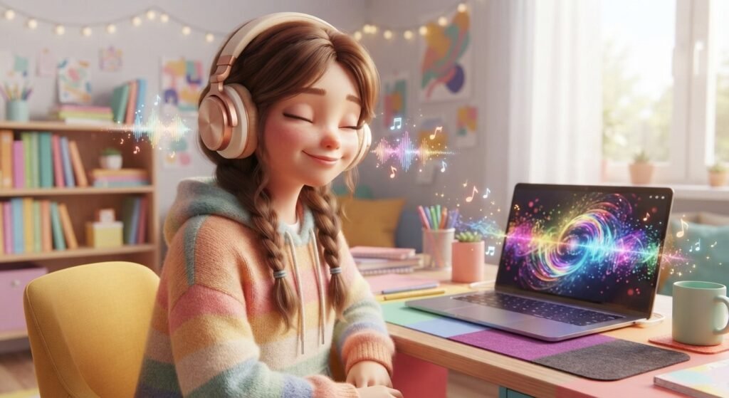 Teen wearing comfortable headphones while studying and listening to clear audio