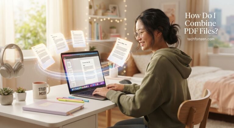 Teen student combining multiple PDF files on a laptop