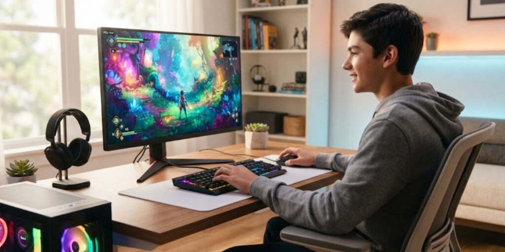 Teen gamer checking FPS on a PC game