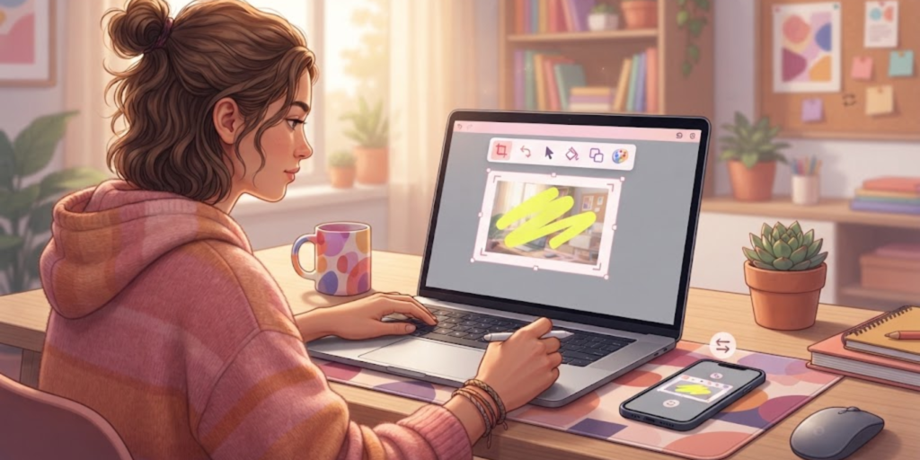 Student editing a screenshot on a laptop