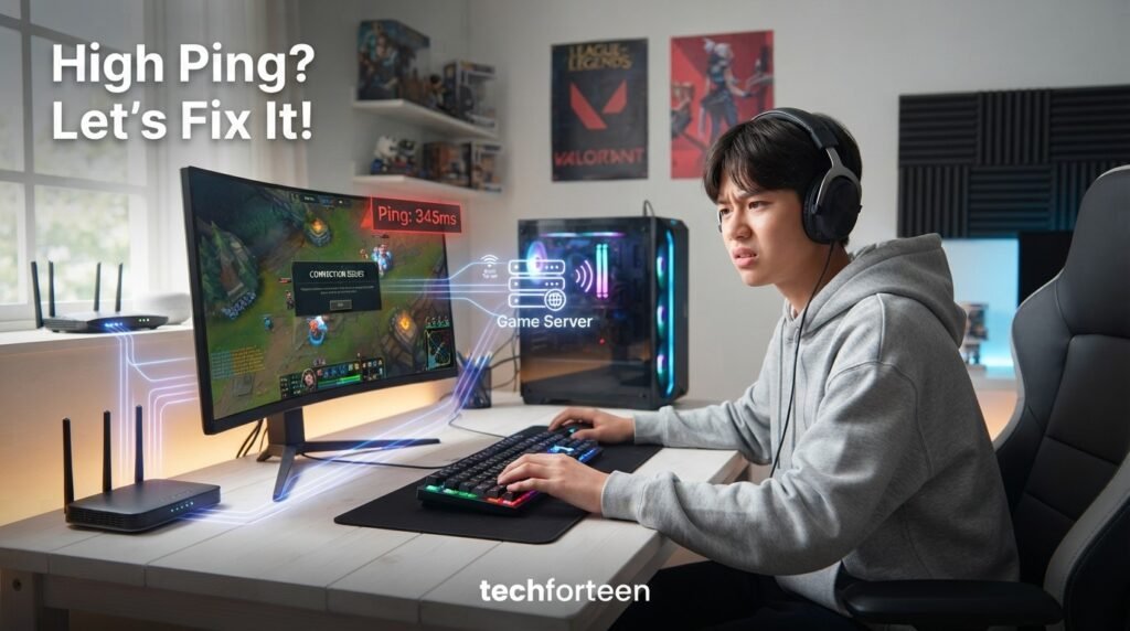 Teen gamer checking high ping while playing an online game