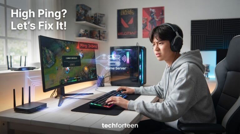 Teen gamer checking high ping while playing an online game