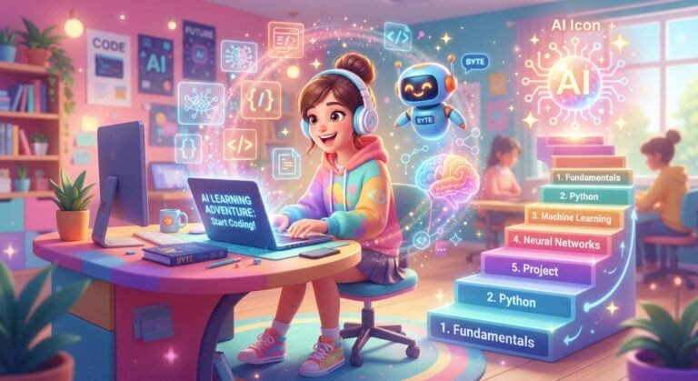 Teen learning AI with a colorful beginner roadmap