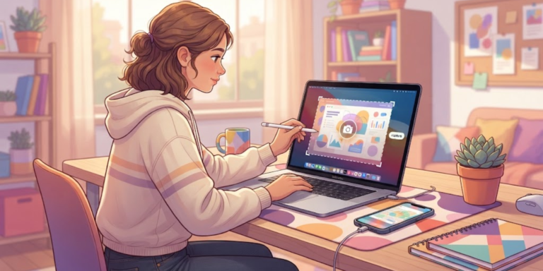 Teenager learning how to take a screenshot on a laptop
