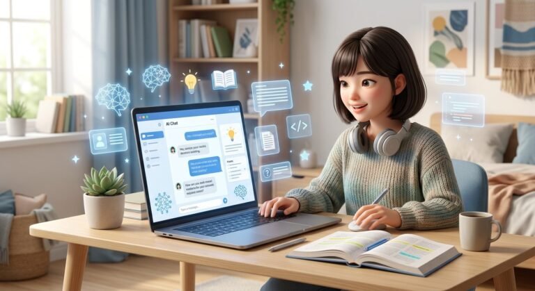 Student using AI as a study partner on a laptop