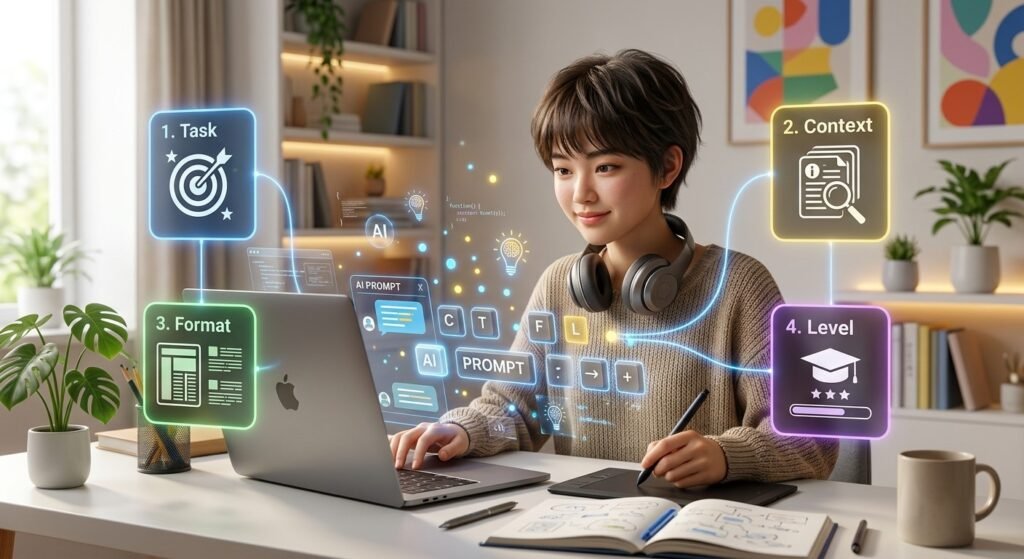 Student writing a clear AI prompt on a laptop